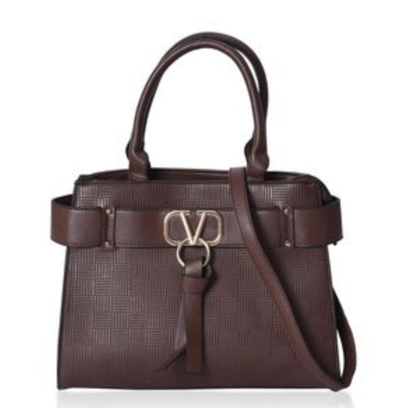 Chocolate Faux Leather Satchel Bag with Strap - Picture 1 of 4